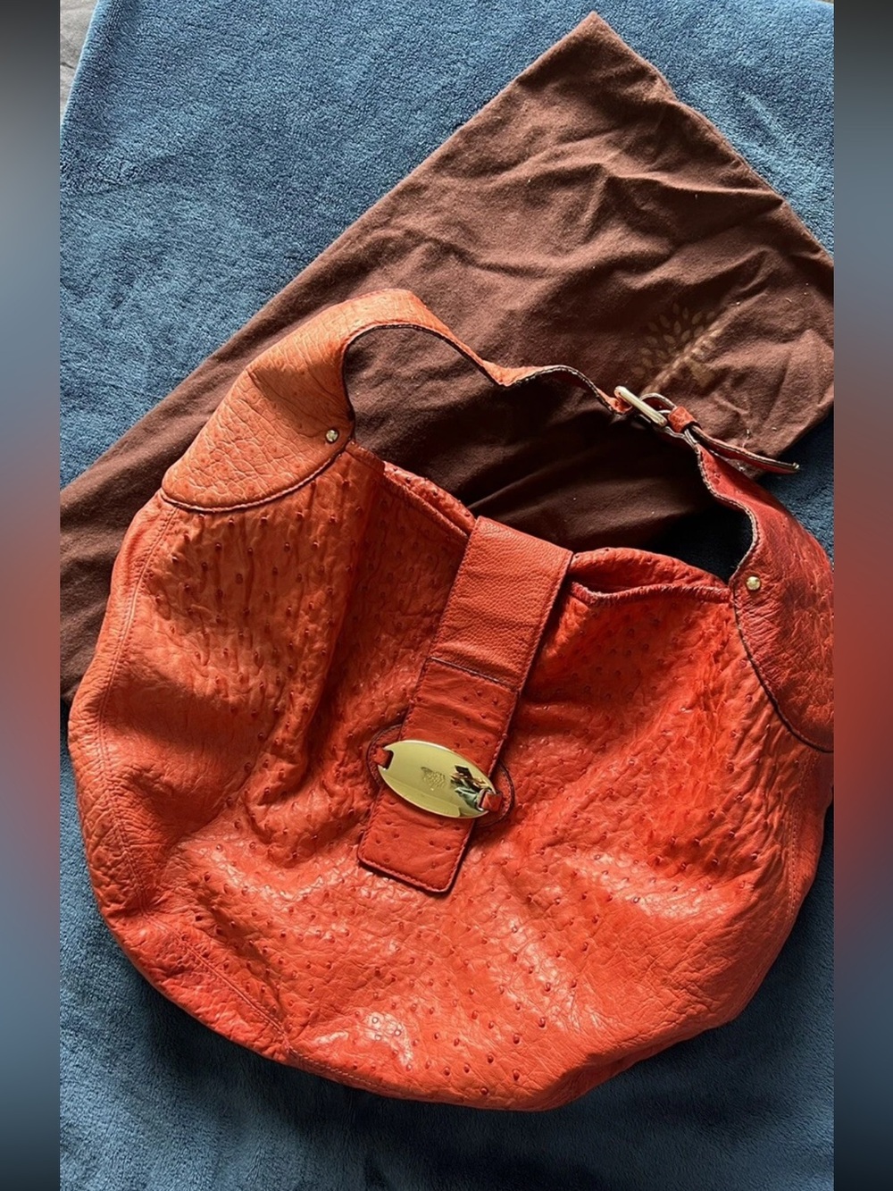 Mulberry Orange Ostrich-Effect Hobo with Gold Clasp